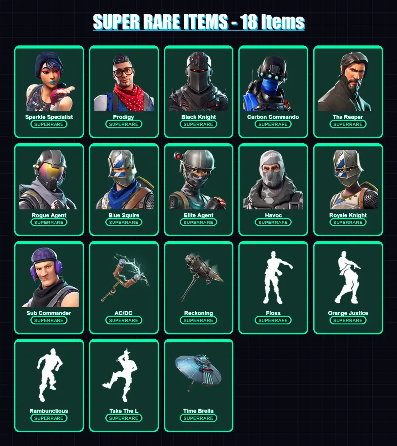 [PC/XBOX/PSN] | Sparkle Specialist | Prodigy | Black Knight | Carbon Commando | The Reaper | 72 skin | 85 pickaxe | 91 emote | 89 glider | Lv1121