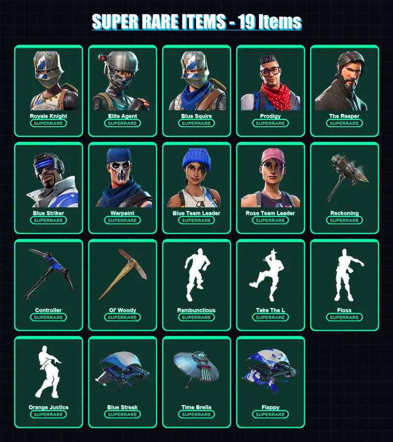 [PC] | Royale Knight | Elite Agent | Blue Squire | Prodigy | The Reaper | 80 skin | 68 pickaxe | 76 emote | 75 glider | Lv902