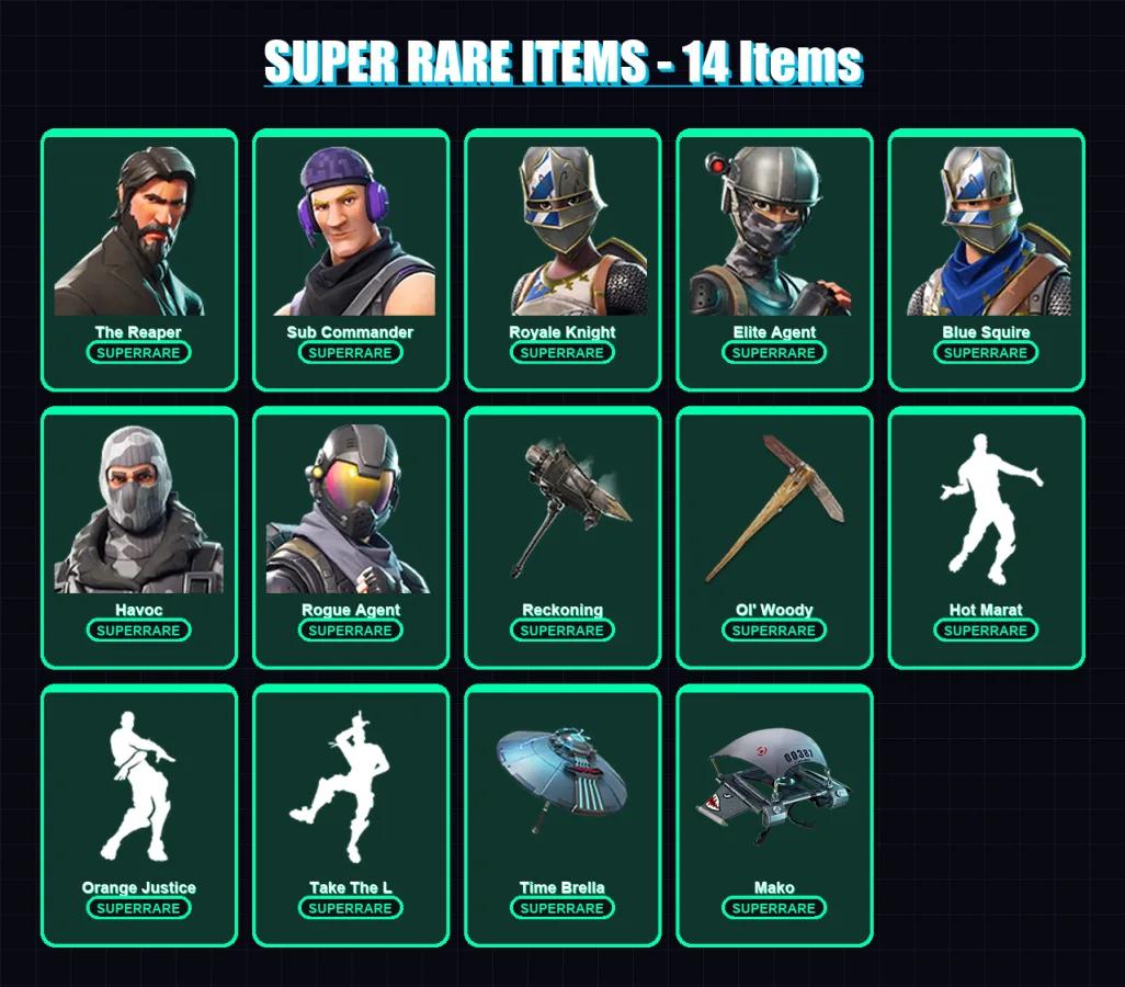 [PC/XBOX/PSN] | The Reaper | Sub Commander | Royale Knight | Elite Agent | Blue Squire | 49 skin | 34 pickaxe | 41 emote | 47 glider | Lv665