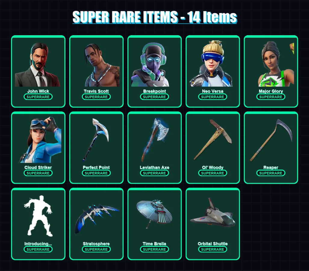 [PC/XBOX/PSN] | John Wick | Travis Scott | Breakpoint | Neo Versa | Major Glory | 296 skin | 262 pickaxe | 195 emote | 169 glider | Lv3138