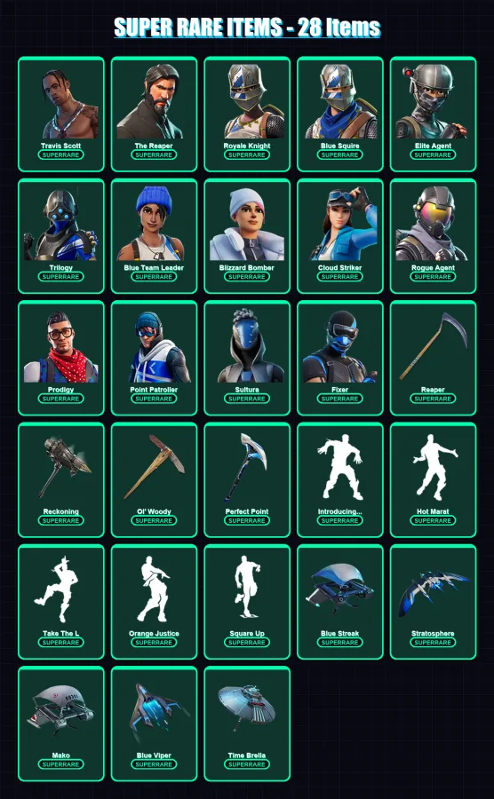 [PS4/PS5/XBOX/PC] | Travis Scott | The Reaper | Royale Knight | Blue Squire | Elite Agent | 173 skin | 186 pickaxe | 156 emote | 165 glider | Lv2952