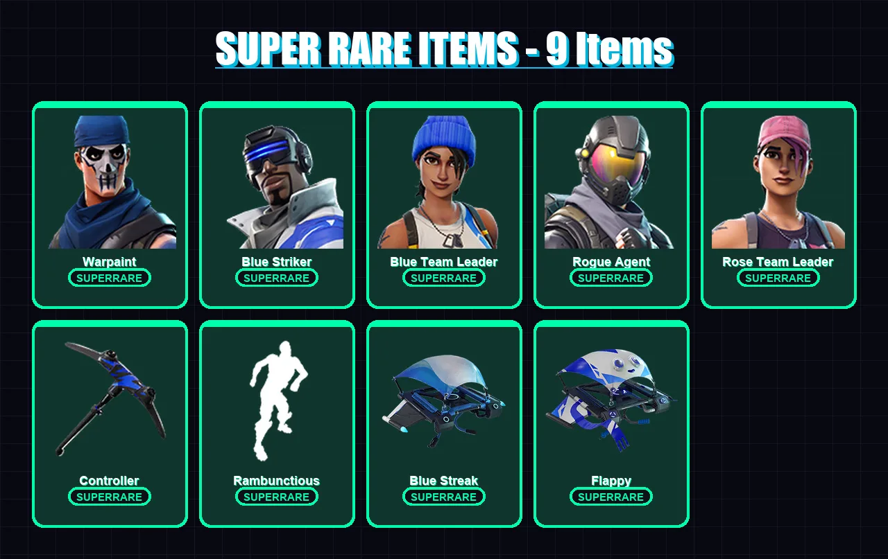 [PS4/PS5/XBOX/PC] | Warpaint | Blue Striker | Blue Team Leader | Rogue Agent | Rose Team Leader | 6 skin | 4 pickaxe | 6 emote | 6 glider | Lv66