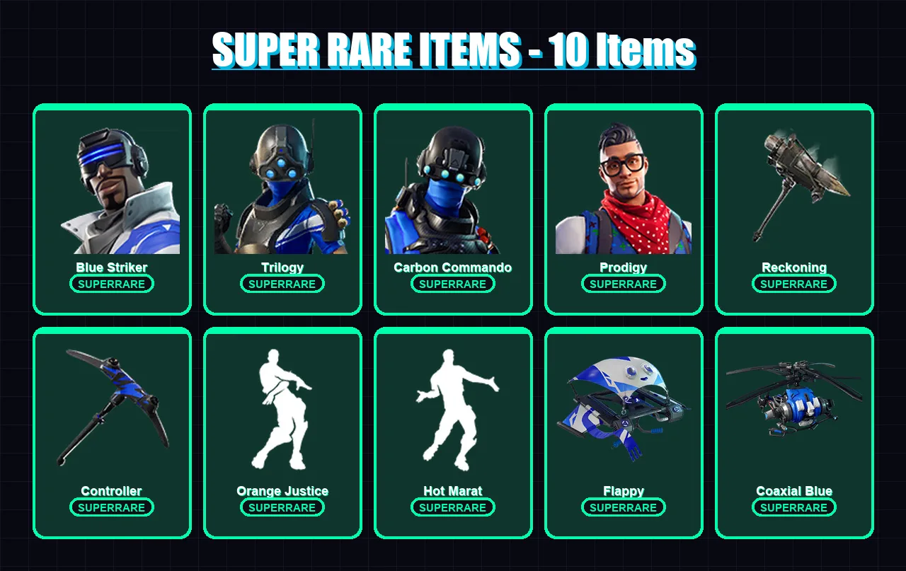 [PS4/PS5/XBOX/PC] | Blue Striker | Trilogy | Carbon Commando | Prodigy | Calamity | 59 skin | 45 pickaxe | 53 emote | 52 glider | Lv733