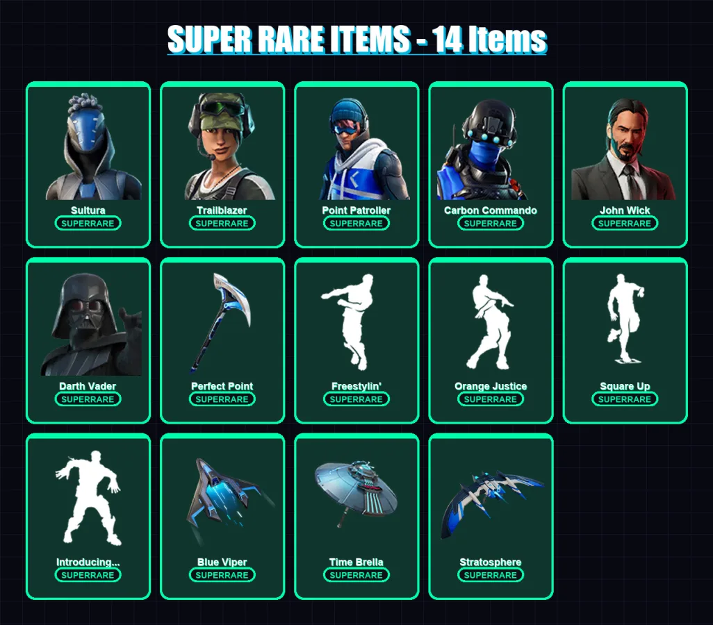 [PS4/PS5/XBOX/PC] | Sultura | Trailblazer | Point Patroller | Carbon Commando | John Wick | 58 skin | 65 pickaxe | 70 emote | 75 glider | Lv1401 — Fortnite account