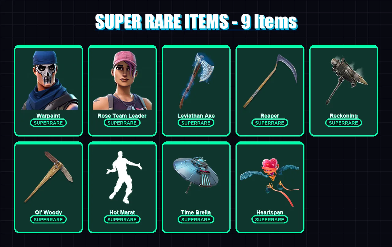 [PC/XBOX/PSN] | Warpaint | Rose Team Leader | Hybrid | Eternal Knight | The Ice King | 123 skin | 130 pickaxe | 123 emote | 126 glider | Lv1615