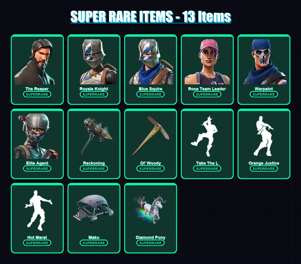[PC/XBOX/PSN] | The Reaper | Royale Knight | Blue Squire | Rose Team Leader | Warpaint | 53 skin | 43 pickaxe | 48 emote | 44 glider | Lv500