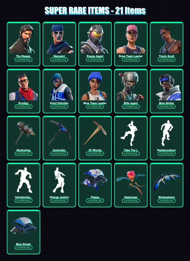 [PS4/PS5/XBOX/PC] | The Reaper | Warpaint | Rogue Agent | Rose Team Leader | Travis Scott | 98 skin | 97 pickaxe | 103 emote | 101 glider | Lv1365