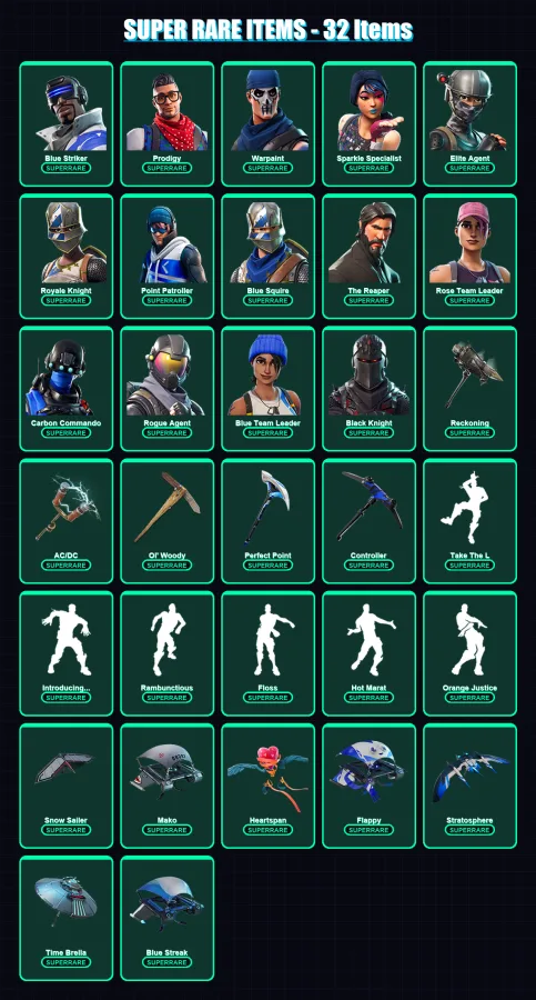 [PC/XBOX] | Blue Striker | Prodigy | Warpaint | Sparkle Specialist | Elite Agent | 143 skin | 126 pickaxe | 132 emote | 131 glider | Lv1813