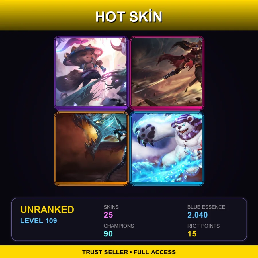 EUNE | Lv109 | Unranked | 25 Skin | 90 Champ — LoL account