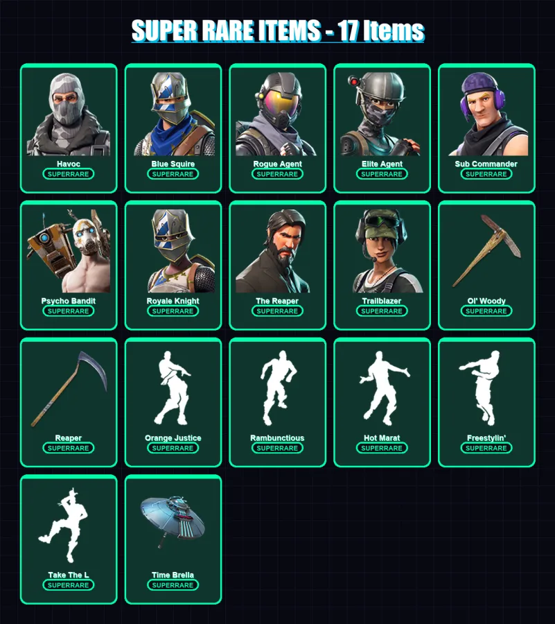[PC] | Havoc | Blue Squire | Rogue Agent | Elite Agent | Sub Commander | 104 skin | 98 pickaxe | 128 emote | 78 glider | Lv1320 — Fortnite account