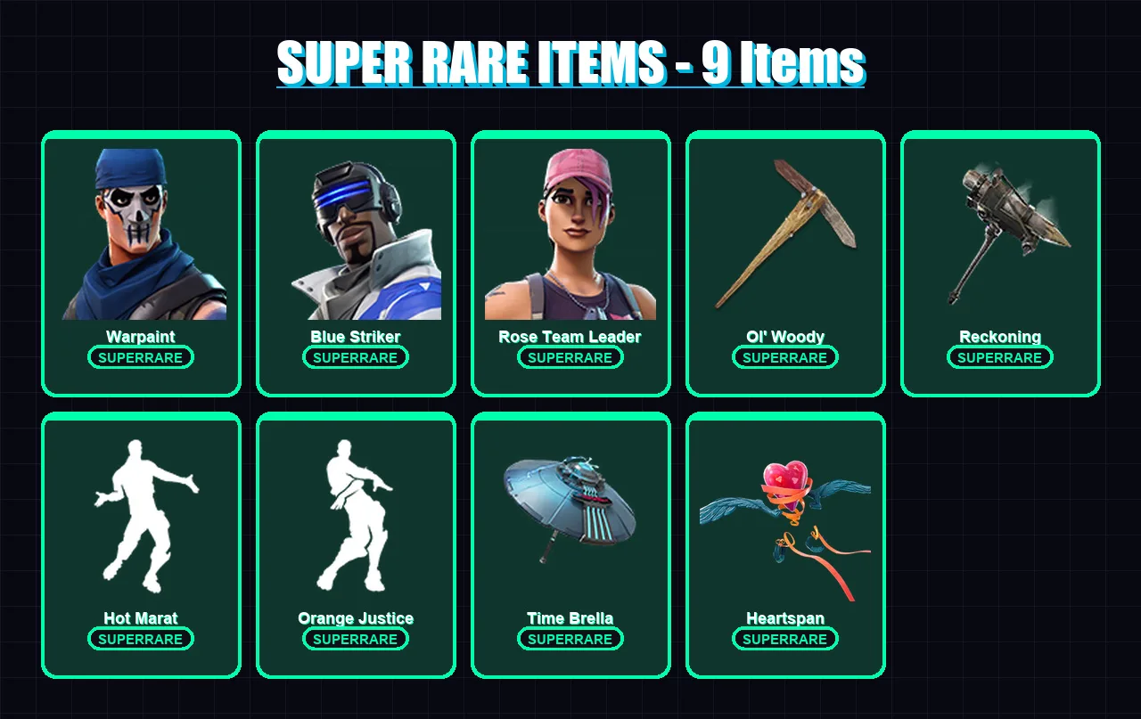 [PC/XBOX/PSN] | Warpaint | Blue Striker | Rose Team Leader | Drift | Blackheart | 107 skin | 101 pickaxe | 126 emote | 97 glider | Lv1214