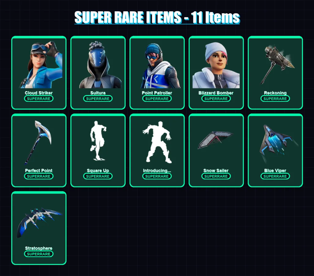 [PS4/PS5/XBOX/PC] | Cloud Striker | Sultura | Point Patroller | Blizzard Bomber | Zenith | 17 skin | 17 pickaxe | 17 emote | 19 glider | Lv182