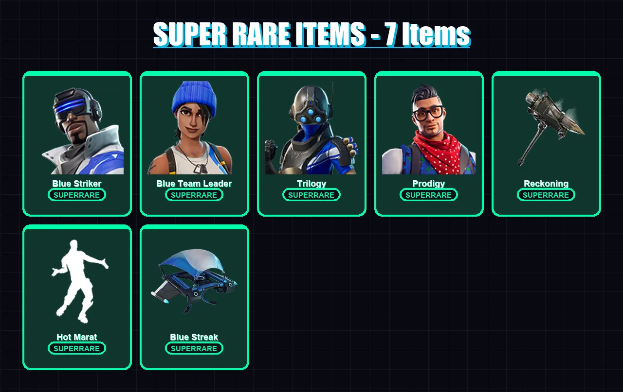 [PC/XBOX] | Blue Striker | Blue Team Leader | Trilogy | Prodigy | Blackheart | 30 skin | 19 pickaxe | 27 emote | 22 glider | Lv264