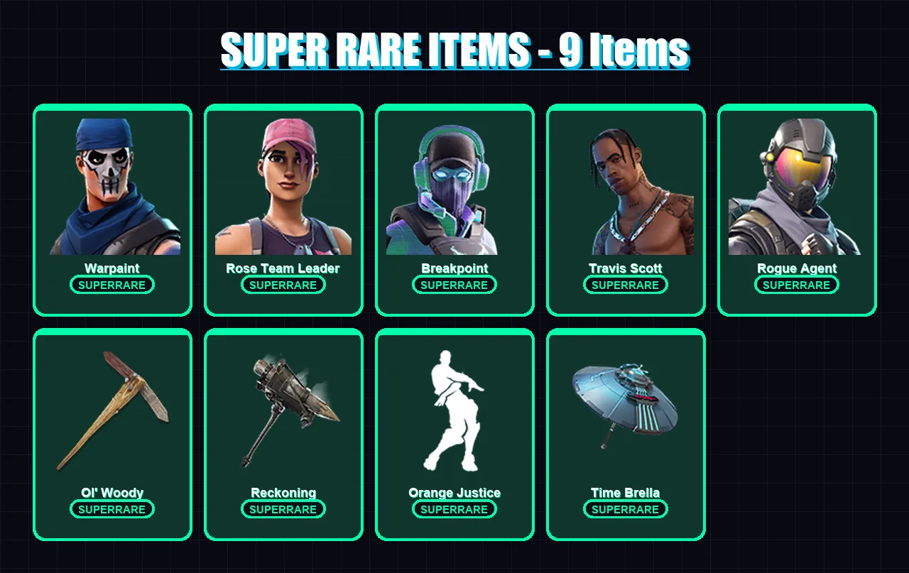 [PS4/PS5/XBOX/PC] | Warpaint | Rose Team Leader | Breakpoint | Travis Scott | Rogue Agent | 98 skin | 75 pickaxe | 89 emote | 84 glider | Lv1371