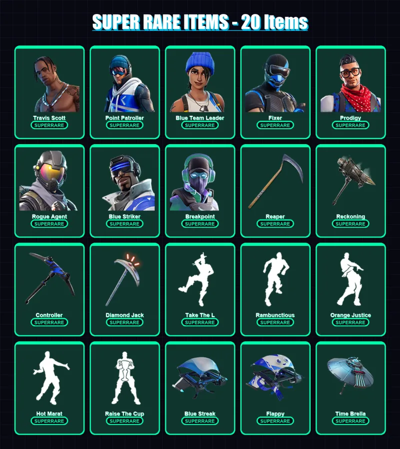 [PC/XBOX] | Travis Scott | Point Patroller | Blue Team Leader | Fixer | Prodigy | 134 skin | 121 pickaxe | 164 emote | 122 glider | Lv2091 — Fortnite account