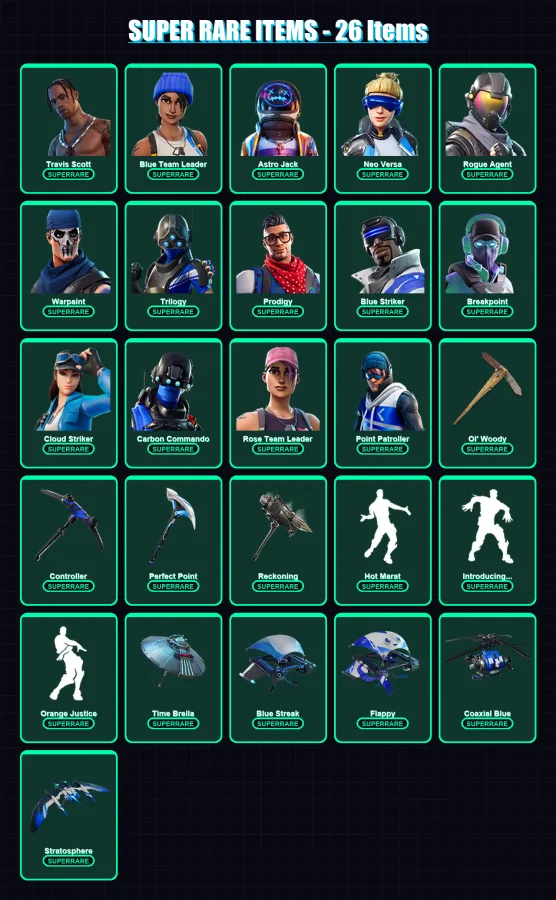 [PC/XBOX] | Travis Scott | Blue Team Leader | Astro Jack | Neo Versa | Rogue Agent | 187 skin | 125 pickaxe | 122 emote | 118 glider | Lv1456 — Fortnite account