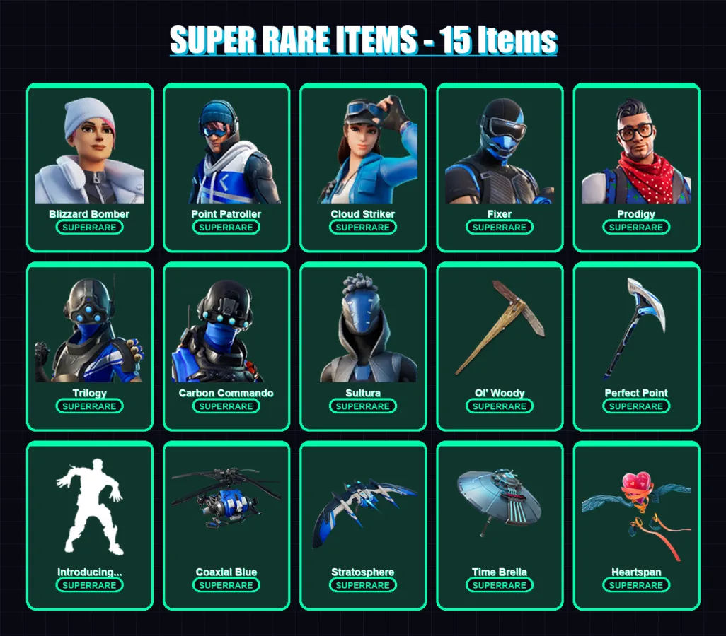 [PC] | Blizzard Bomber | Point Patroller | Cloud Striker | Fixer | Prodigy | 106 skin | 108 pickaxe | 117 emote | 88 glider | Lv1072