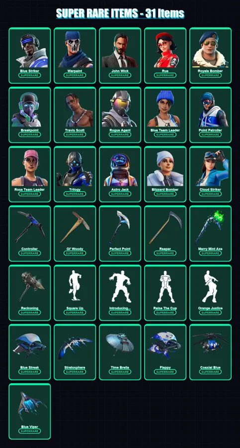 [PC/PSN] | Blue Striker | Warpaint | John Wick | Rue | Royale Bomber | 288 skin | 316 pickaxe | 306 emote | 229 glider | Lv3986