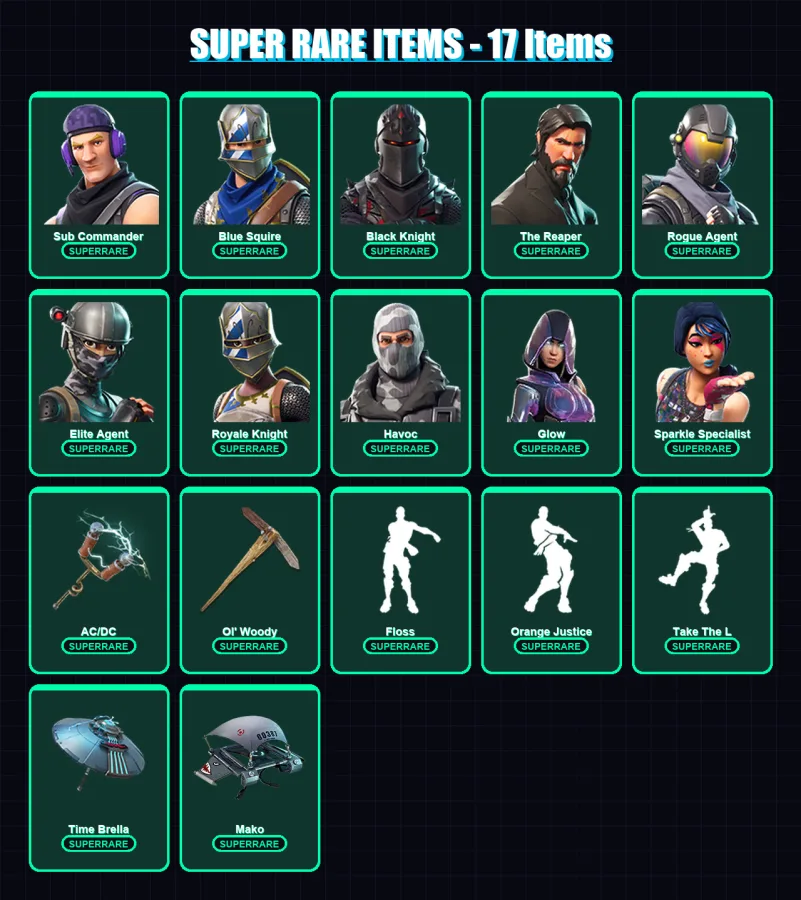[SWITCH/XBOX/PSN/PC] | Sub Commander | Blue Squire | Black Knight | The Reaper | Rogue Agent | 90 skin | 98 pickaxe | 92 emote | 88 glider | Lv1620