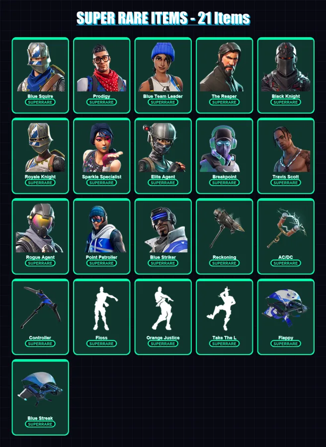 [PS4/PS5/XBOX/PC] | Blue Squire | Prodigy | Blue Team Leader | The Reaper | Black Knight | 69 skin | 47 pickaxe | 69 emote | 56 glider | Lv790