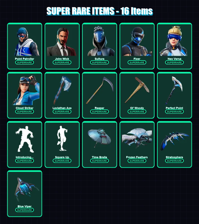 [PC] | Point Patroller | John Wick | Sultura | Fixer | Neo Versa | 268 skin | 314 pickaxe | 242 emote | 211 glider | Lv3423