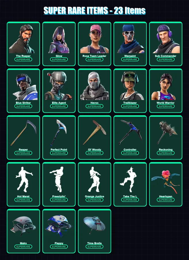 [PS4/PS5/XBOX/PC] | The Reaper | Glow | Rose Team Leader | Warpaint | Sub Commander | 112 skin | 76 pickaxe | 82 emote | 87 glider | Lv1169