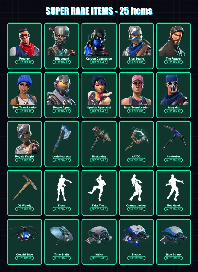 [PC] | Prodigy | Elite Agent | Carbon Commando | Blue Squire | The Reaper | 122 skin | 108 pickaxe | 112 emote | 115 glider | Lv1395 — Fortnite account
