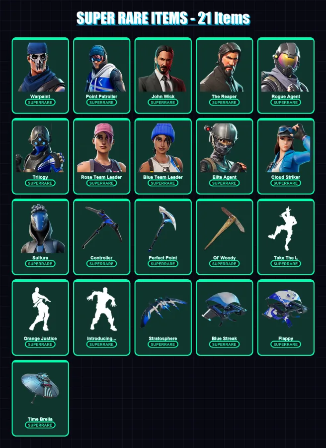 [PS4/PS5/XBOX/PC] | Warpaint | Point Patroller | John Wick | The Reaper | Rogue Agent | 136 skin | 155 pickaxe | 146 emote | 131 glider | Lv1720
