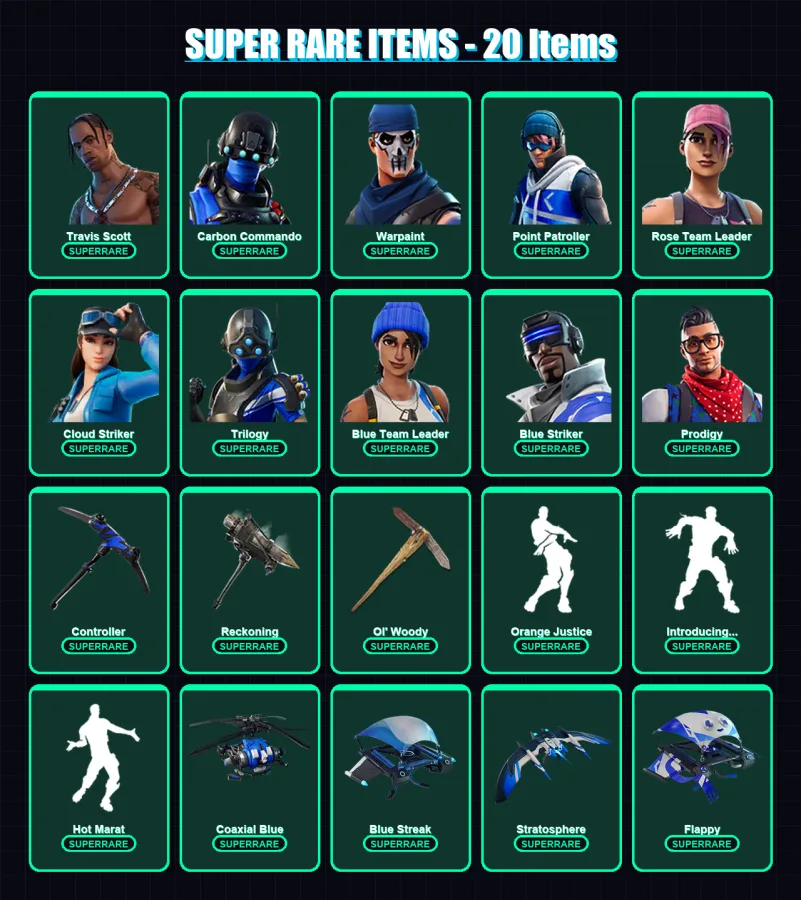 [PC/XBOX] | Travis Scott | Carbon Commando | Warpaint | Point Patroller | Rose Team Leader | 100 skin | 84 pickaxe | 98 emote | 94 glider | Lv1063