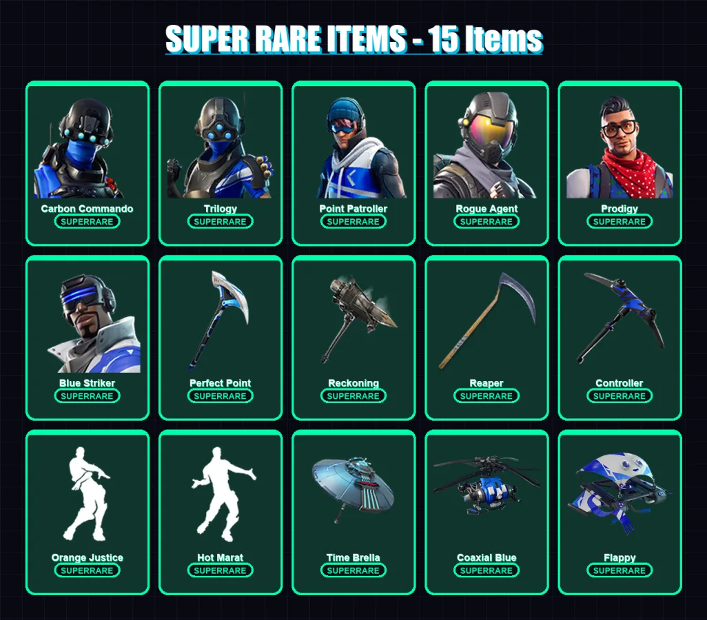 [PS4/PS5/XBOX/PC] | Carbon Commando | Trilogy | Point Patroller | Rogue Agent | Prodigy | 168 skin | 155 pickaxe | 157 emote | 150 glider | Lv3100 — Fortnite account