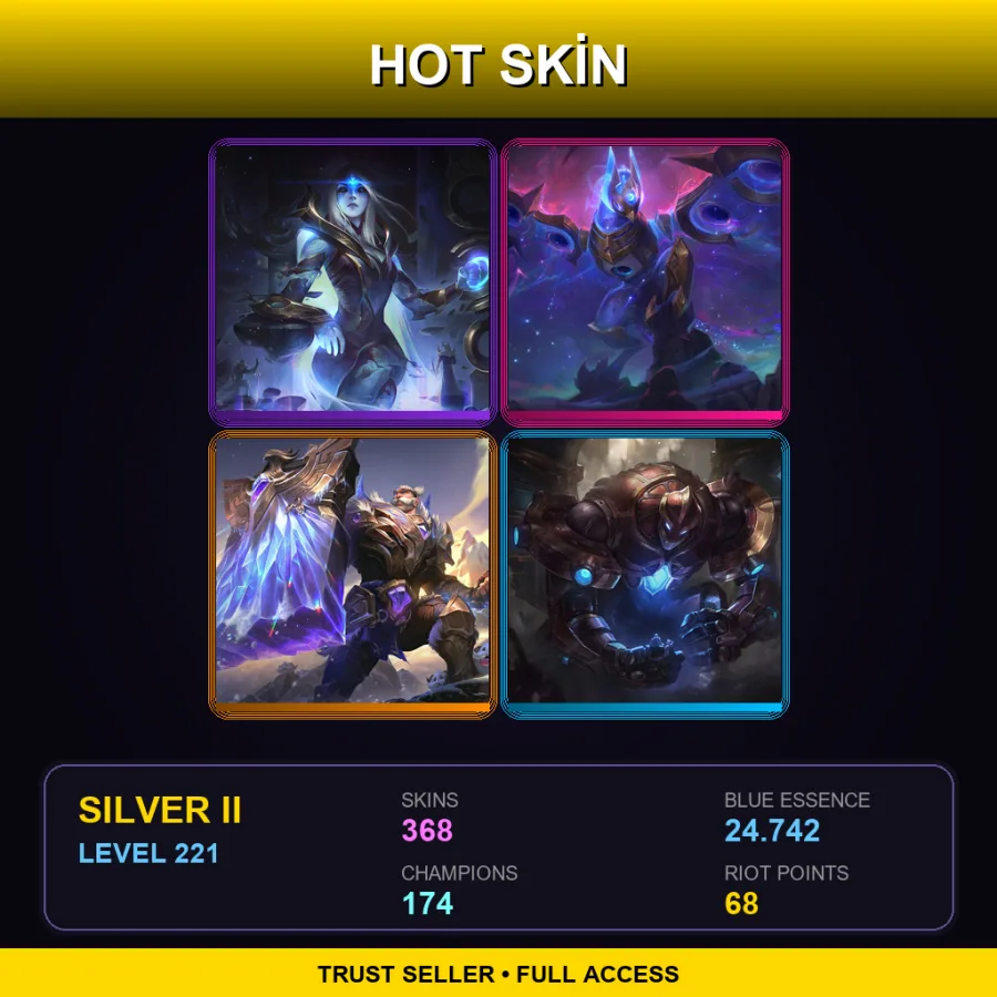 NA | Cosmic Queen Ashe | Cosmic Flight Anivia | Victorious Braum | Hextech Galio | 368 Skin | 174 Champ | Silver II | Lv221