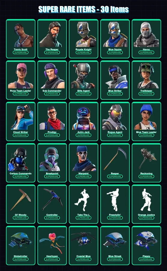 [PS4/PS5/XBOX/PC] | Travis Scott | The Reaper | Royale Knight | Blue Squire | Havoc | 189 skin | 115 pickaxe | 108 emote | 101 glider | Lv1261 — Fortnite account