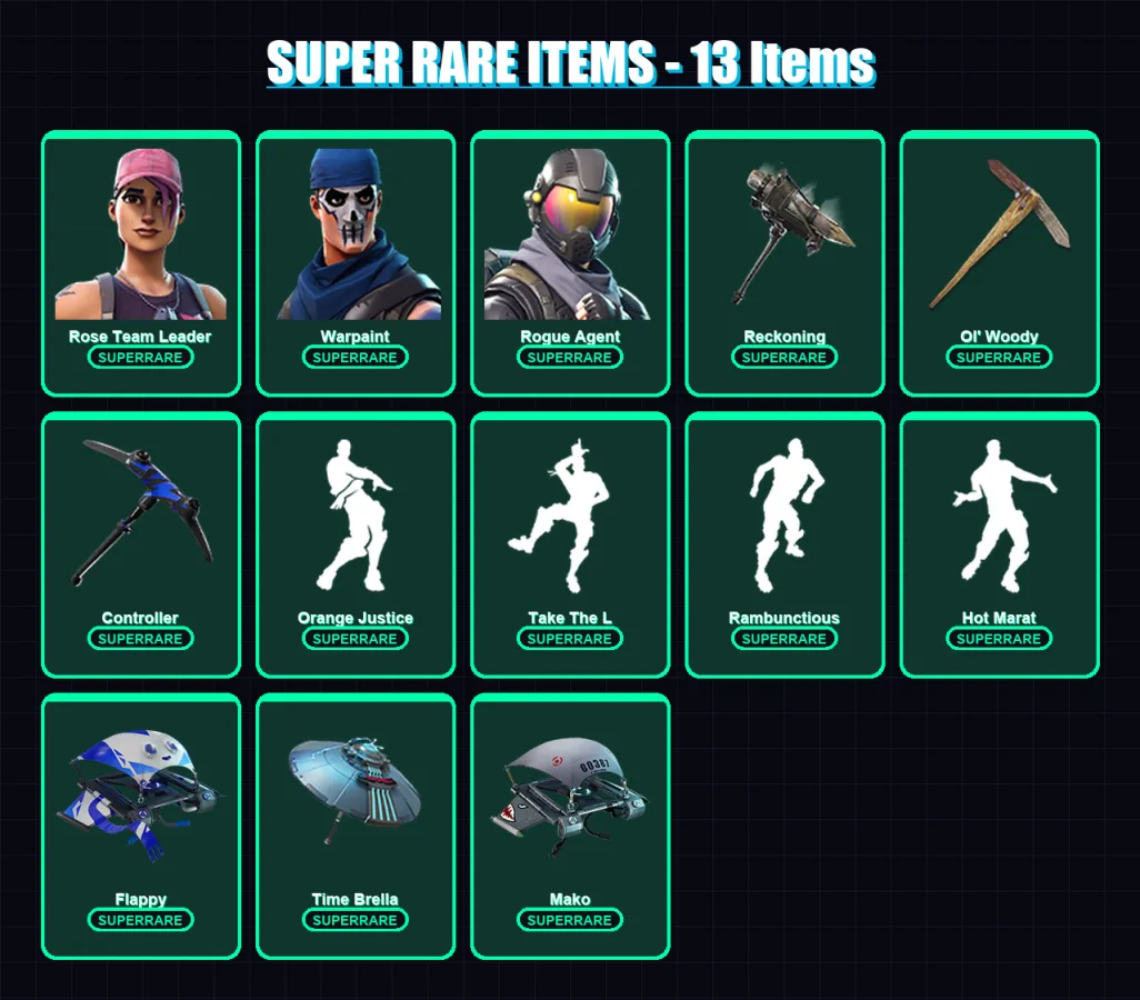 [PC/XBOX/PSN] | Rose Team Leader | Warpaint | Rogue Agent | Carbide | Zenith | 21 skin | 26 pickaxe | 41 emote | 36 glider | Lv504