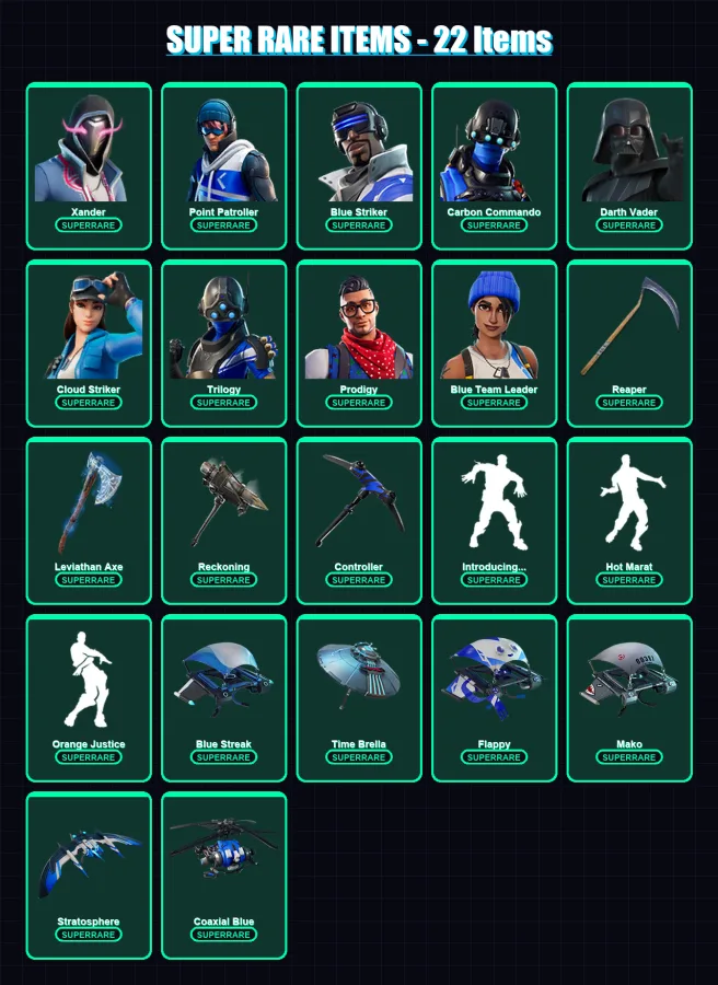 [PC/XBOX/PSN] | Xander | Point Patroller | Blue Striker | Carbon Commando | Darth Vader | 431 skin | 409 pickaxe | 356 emote | 308 glider | Lv5967