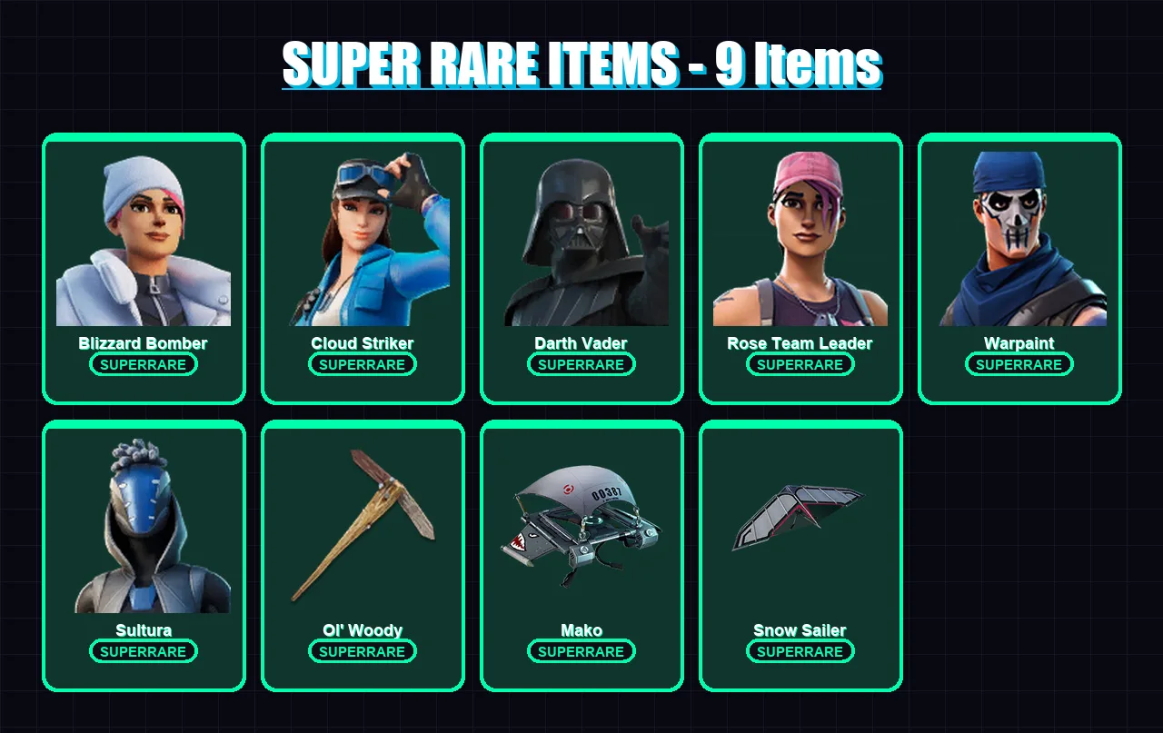 [PC/XBOX/PSN] | Blizzard Bomber | Cloud Striker | Darth Vader | Rose Team Leader | Warpaint | 168 skin | 158 pickaxe | 141 emote | 113 glider | Lv17