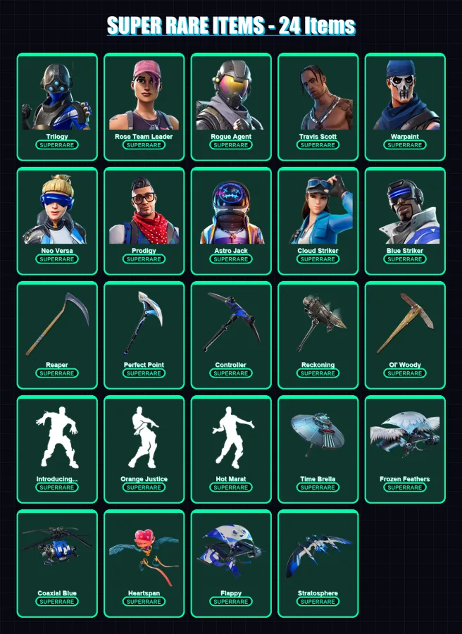 [PS4/PS5/XBOX/PC] | Trilogy | Rose Team Leader | Rogue Agent | Travis Scott | Warpaint | 103 skin | 105 pickaxe | 89 emote | 99 glider | Lv1354