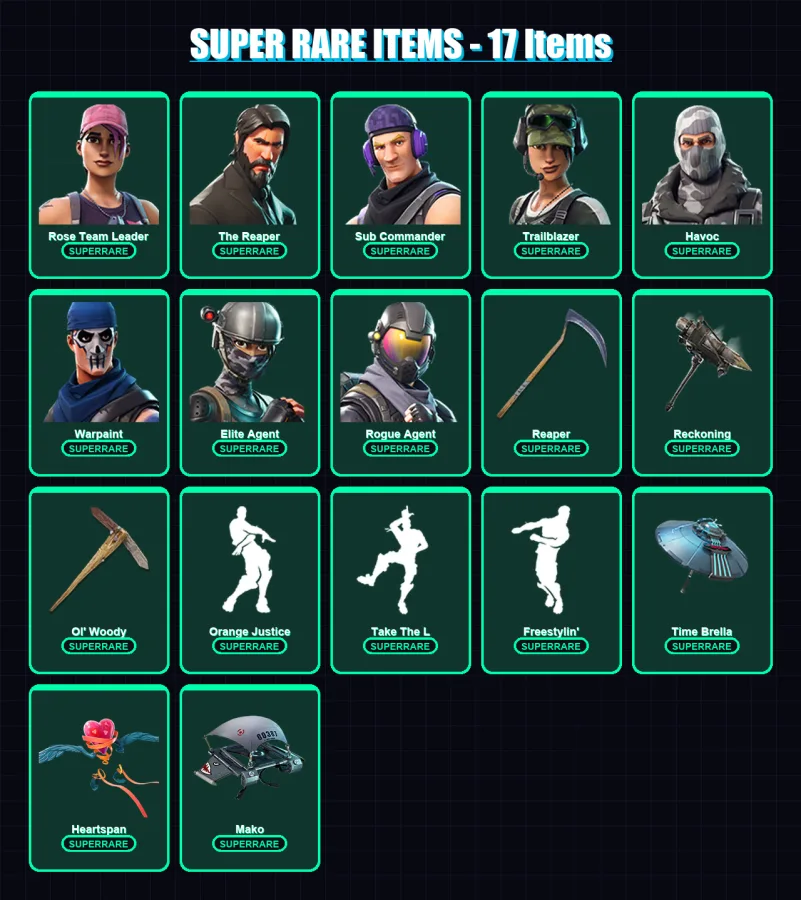 [PC/XBOX/PSN] | Rose Team Leader | The Reaper | Sub Commander | Trailblazer | Havoc | 94 skin | 120 pickaxe | 105 emote | 119 glider | Lv1524