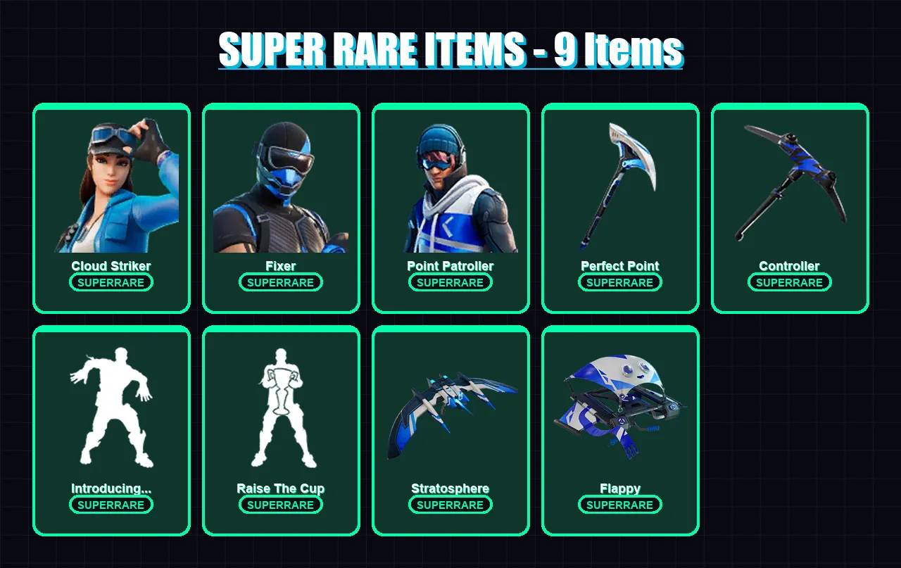 [PS4/PS5/XBOX/PC] | Cloud Striker | Fixer | Point Patroller | Luxe | Hybrid | 41 skin | 49 pickaxe | 76 emote | 58 glider | Lv1035