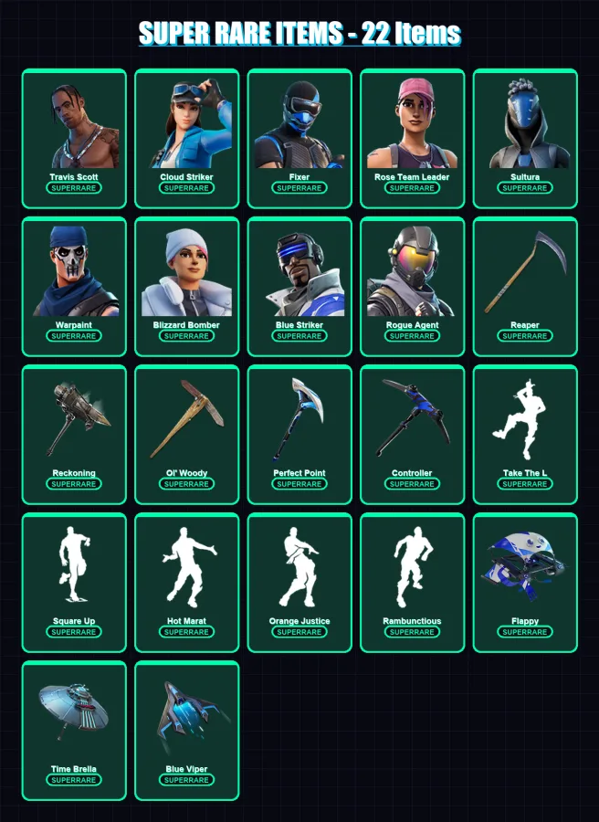 [PS4/PS5/XBOX/PC] | Travis Scott | Cloud Striker | Fixer | Rose Team Leader | Sultura | 122 skin | 138 pickaxe | 126 emote | 131 glider | Lv1853