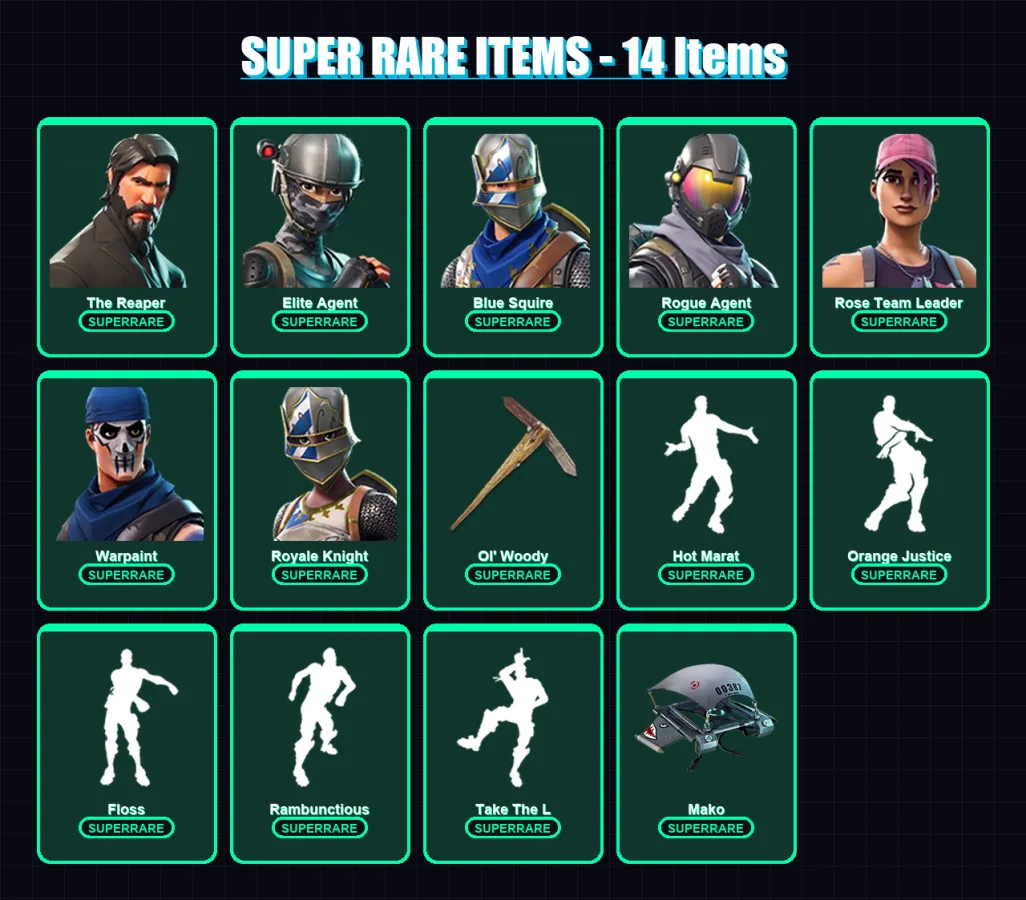 [PC/XBOX] | The Reaper | Elite Agent | Blue Squire | Rogue Agent | Rose Team Leader | 31 skin | 32 pickaxe | 63 emote | 42 glider | Lv560