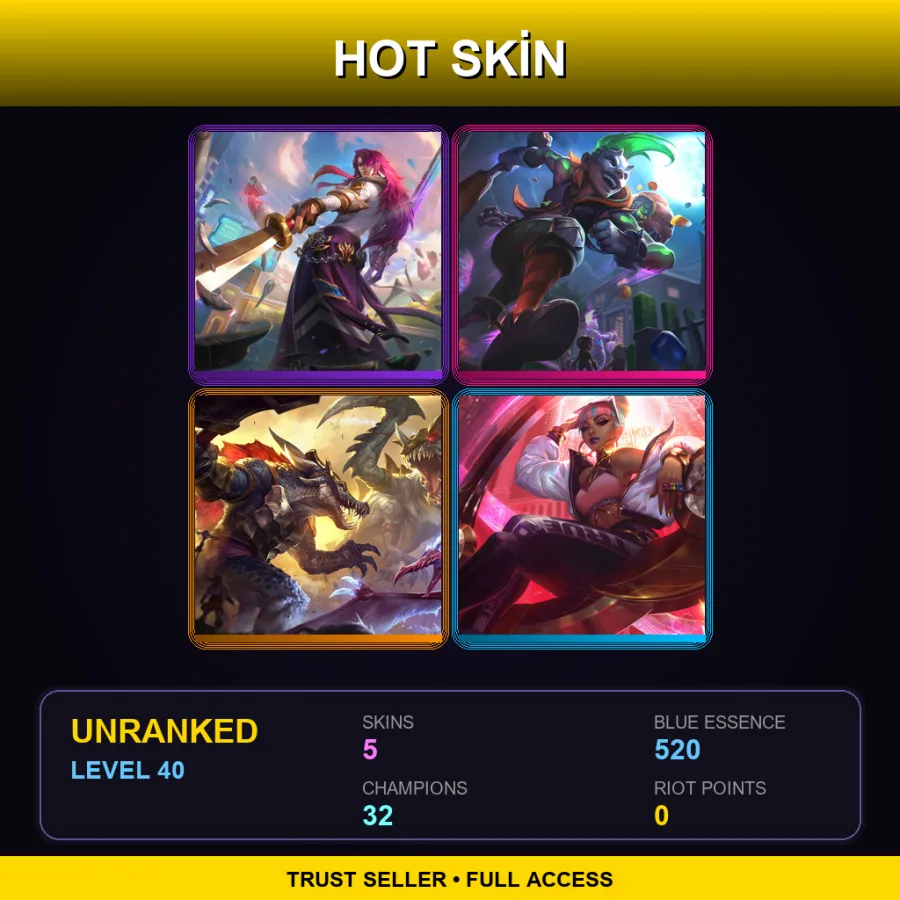 EUW | Lv40 | Unranked | 5 Skin | 32 Champ — LoL account