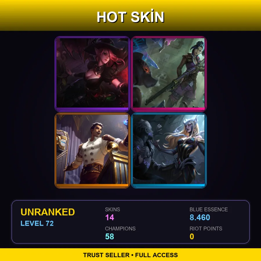 LAS | Lv72 | Unranked | 14 Skin | 58 Champ — LoL account