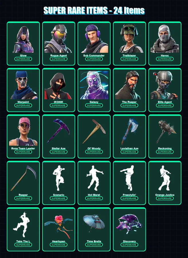 [PC/XBOX] | Glow | Rogue Agent | Sub Commander | Trailblazer | Havoc | 184 skin | 205 pickaxe | 163 emote | 177 glider | Lv3349