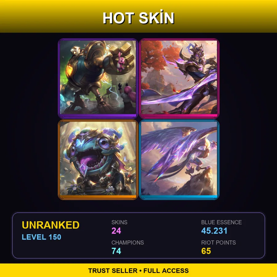 LAS | Lv150 | Unranked | 24 Skin | 74 Champ — LoL account