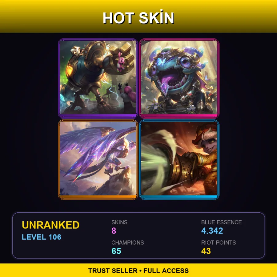 EUW | Lv106 | Unranked | 8 Skin | 65 Champ — LoL account