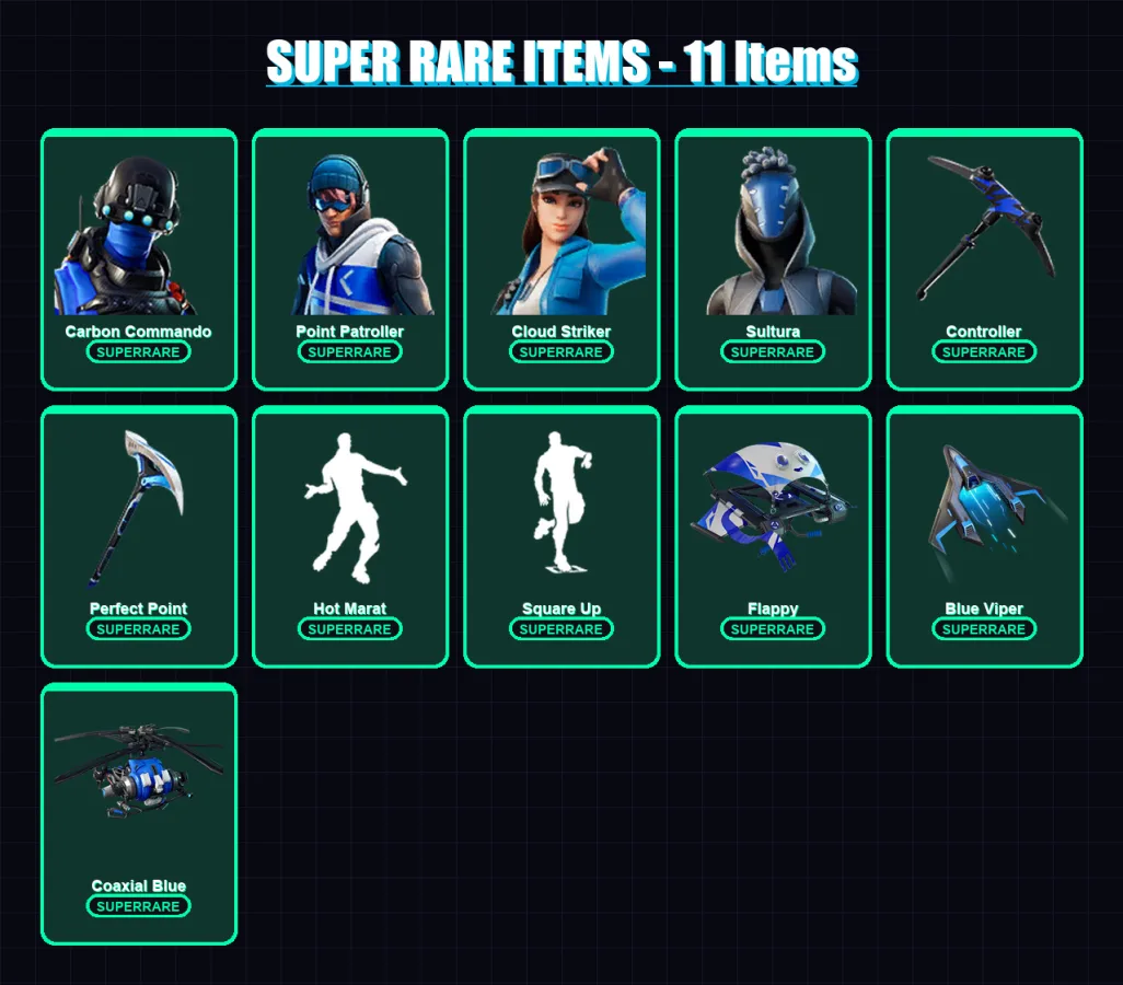 [PS4/PS5/XBOX/PC] | Carbon Commando | Point Patroller | Cloud Striker | Sultura | Nezumi | 68 skin | 121 pickaxe | 110 emote | 115 glider | Lv2219