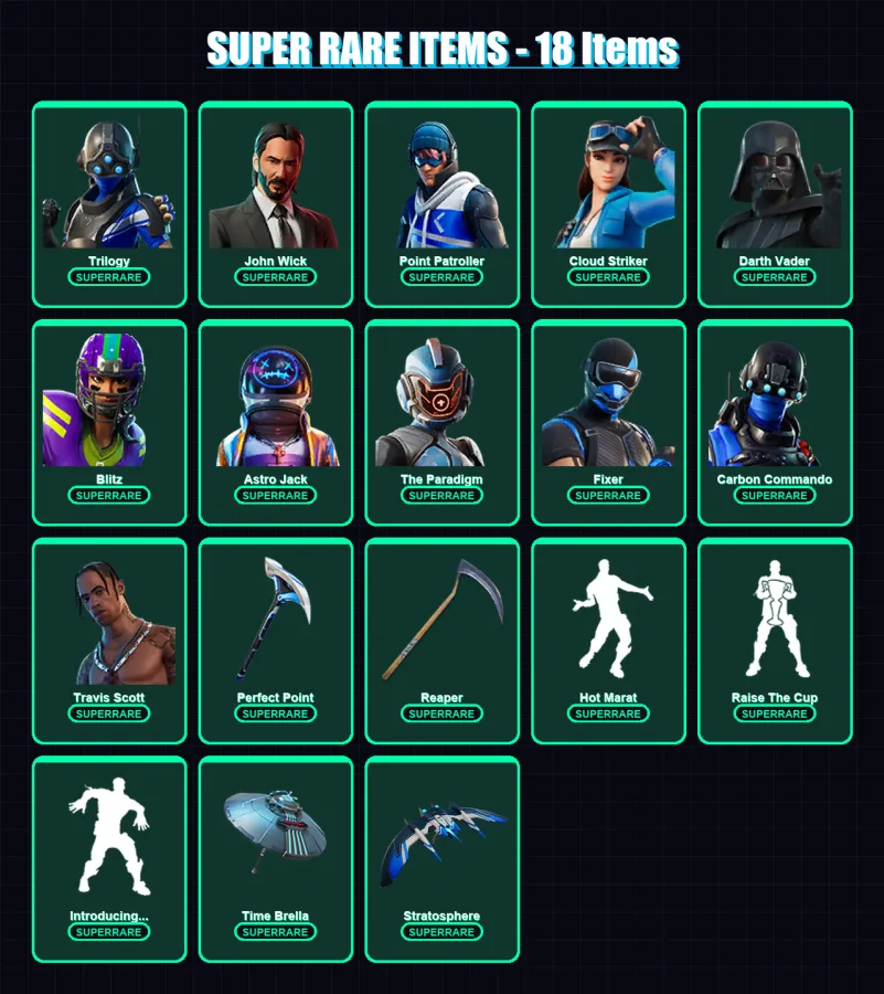 [PS4/PS5/XBOX/PC] | Trilogy | John Wick | Point Patroller | Cloud Striker | Darth Vader | 310 skin | 280 pickaxe | 332 emote | 239 glider | Lv3560
