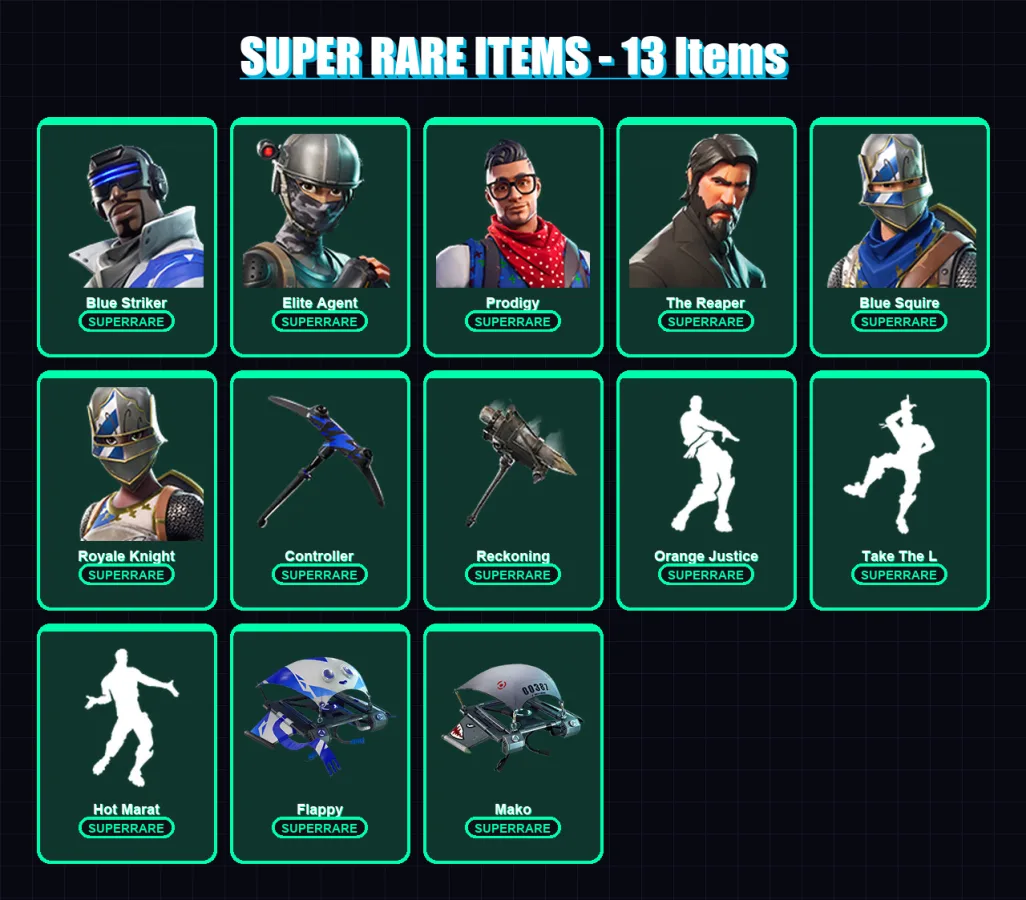 [SWITCH/XBOX/PC] | Blue Striker | Elite Agent | Prodigy | The Reaper | Blue Squire | 54 skin | 39 pickaxe | 44 emote | 51 glider | Lv628