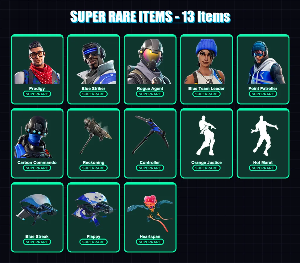 [PS4/PS5/XBOX/PC] | Prodigy | Blue Striker | Rogue Agent | Blue Team Leader | Point Patroller | 67 skin | 45 pickaxe | 59 emote | 62 glider | Lv766