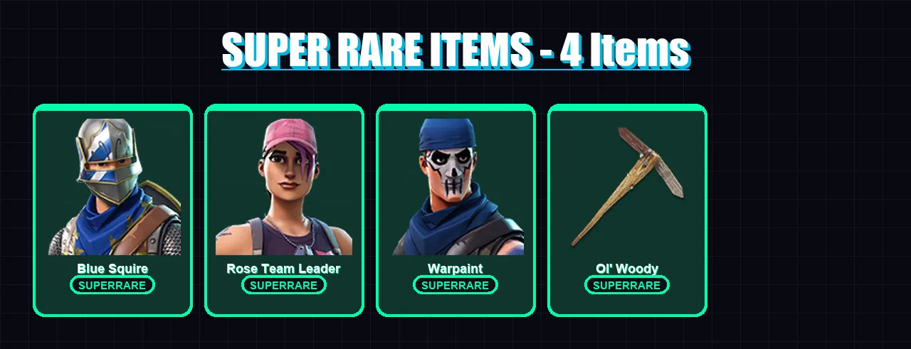 [PS4/PS5/XBOX/PC] | Blue Squire | Rose Team Leader | Warpaint | Journey vs Hazard | Turk vs Riptide | 5 skin | 11 pickaxe | 8 emote | 9 glider | Lv1